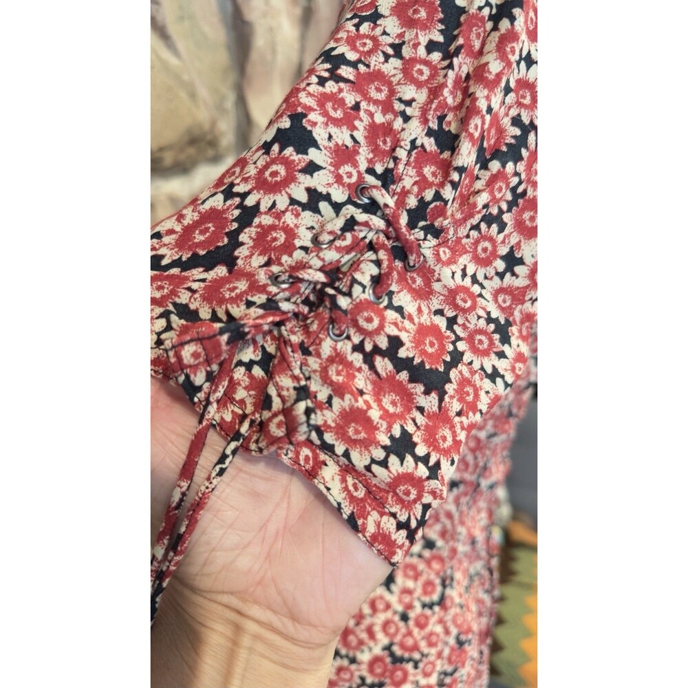 Free People Floral Corset Lace‑Up Mini Dress red/black Button down pockets  S/P - Picture 10 of 15